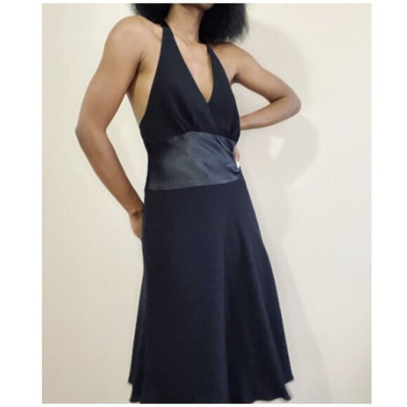 Jones New York Noir Halter Black Silk Waist Midi Party Cocktail Dress - Picture 1 of 11